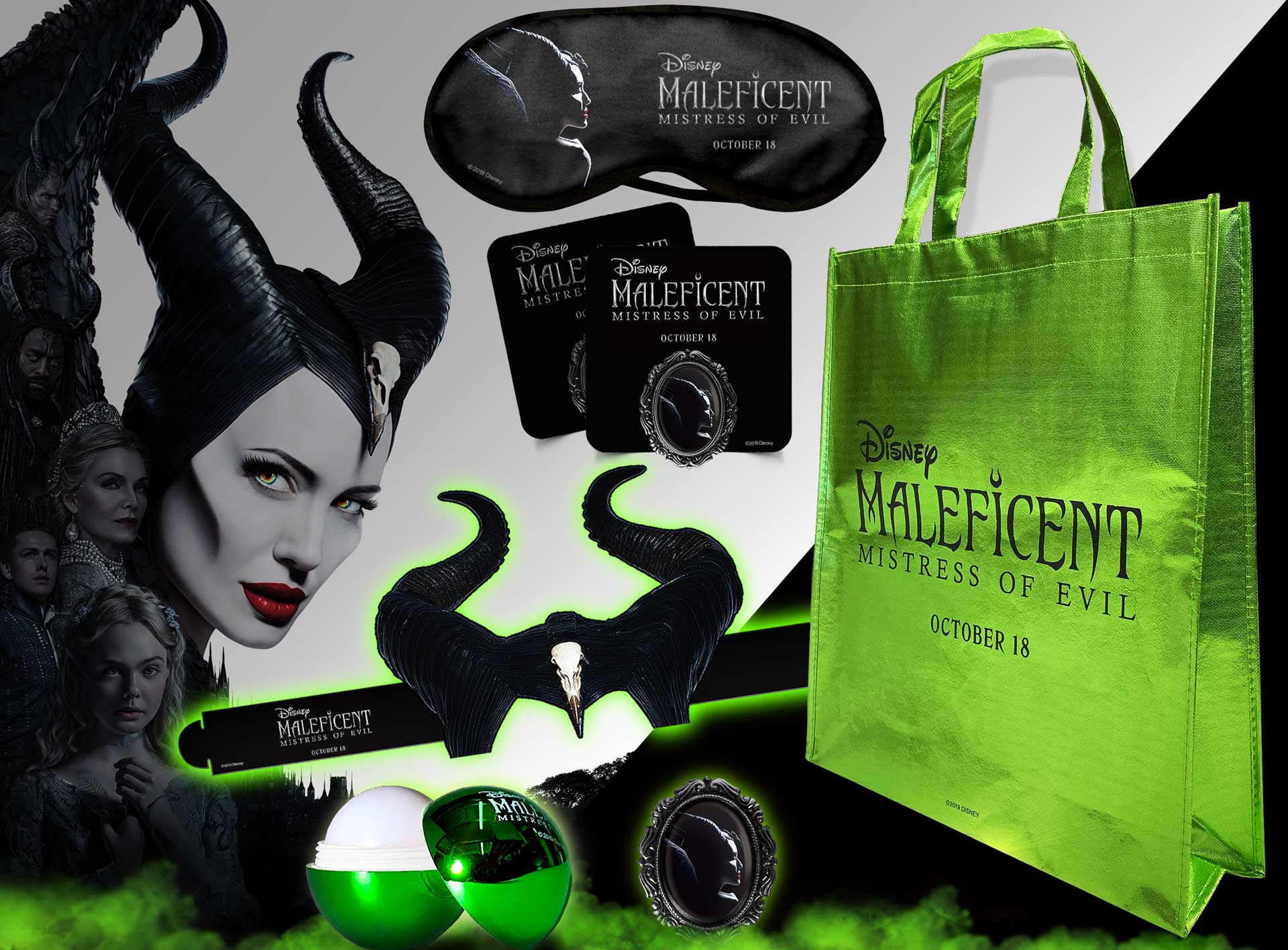 NWG full color tote bag, sleeping face mask, horn head band, lip balm, film premiere pin